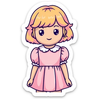 white or light brown girl with bangs, long light brown hair with curly blonde highlights, wearing a pastel pink dress with puff sleeves sticker