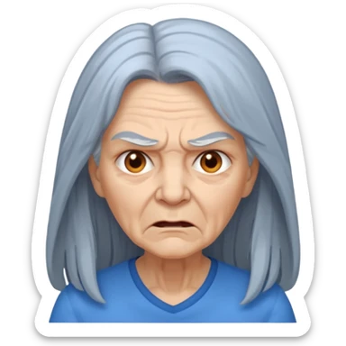 a portrait of angry elderly woman, long hair, wearing shirt sticker