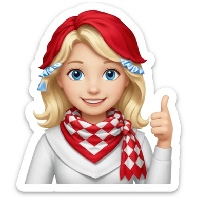 Blonde Girl, Blue Eyes, wavy hair, smiling, thumbs up, wearing red Checkered Triangle scarf, white dress sticker