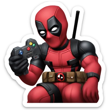 Deadpool is holding a joystick sticker