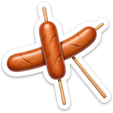 Harbin Russian style sausage on stick, simplified emoji style with bold outlines and bright colors, cartoon style northeastern Chinese street food sticker