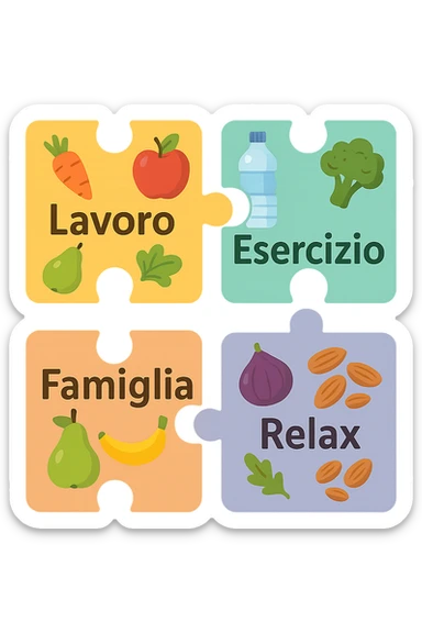Puzzle (Lavoro, Esercizio, Famiglia, Relax), and healthy foods are integrated into each piece. in italiano sticker