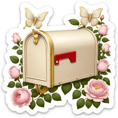 A vintage-inspired letterbox scene, where an old-fashioned ivory mailbox with golden filigree stands in a blooming rose garden, overflowing with love letters adorned with pressed blush roses and white peony petals, with pearl butterflies fluttering nearby. sticker