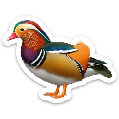 Hyperrealistic, mirco-detailed,  male Mandarin Duck, brightly colored plumage marked by bright orange, green, red, yellow, and bright purple, still life, 4k. No emoji icons, no emoji faces , 8k hd sticker