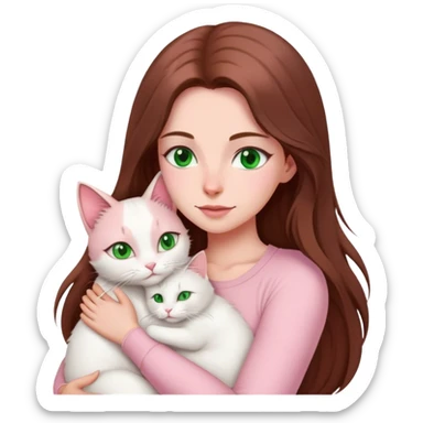 white woman with very long brown hair and green eyes in a light pink outfit hugging a white cat sticker