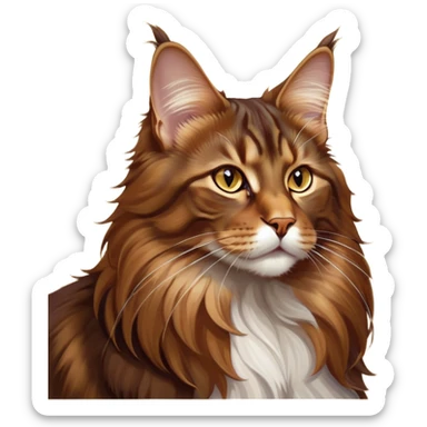 Cinematic Brown Maine Coon Cat Portrait Emoji, Elegant and alert, sleek brown and gold tones with hints of deep auburn, Simplified yet sharp features, highly detailed, glowing with a warm, confident glow, high shine, intelligent and poised with an air of wisdom, stylized with an air of grace, focused and attentive with a calm, old soul expression, soft glowing outline, capturing the essence of experience and majesty, so lifelike it feels as though it could spring into motion at any moment, radiating wisdom and grace. sticker