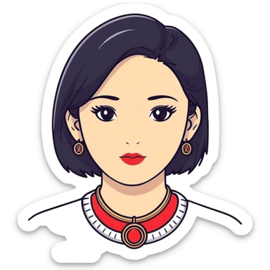college girl with black hair, white skin, wearing a Cartier necklace, old money luxury vibe sticker