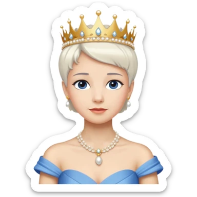 Queen with white short hair – gold tiara, pearl necklace, elegant gown, blue dress sticker