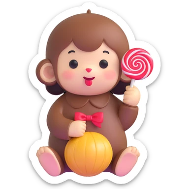 cute Monchichi plush toy with a lollipop sticker