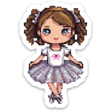 coffee mug with eyes in a tutu, ballet shoes, and a dance pose in pixel art style sticker