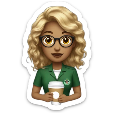 chatain hair women golden rounded glasses with a coffee and starbuck uniform sticker