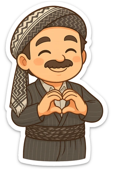 Cartoon sticker of a Kurdish man with the same clothes and scarf as the reference image, no changes to clothes or scarf, face with a satisfied expression and both hands posed in a heart shape similar to the 🫶 emoji, colorful and cheerful, no shadows or color halos around the image, no text, suitable for WhatsApp and Instagram, fully transparent background. sticker