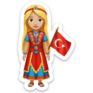 ultra sexy happy Turkish girl with Turkish flag in national outfit, full body, long yellow hair sticker