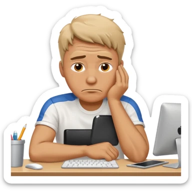 man sitting at his workplace, very tired, sweat running down his face sticker