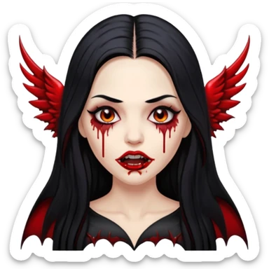 White woman with a white tank top long black hair glossy middle part long hair vamp look with fangs or blood dripping lips mouth closed brown eyes eyeliner winged with lashes top and bottom sticker