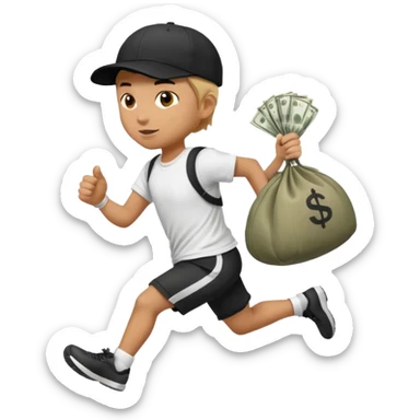 Thief with black cap white t-shirt with black Stripes emoji runing with money bag sticker
