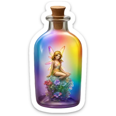 Antique oil bottle made of crystal glass of all delicate colors of the light rainbow, a living flower fairy sits at the bottom of the bottle sticker