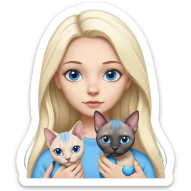 girl with long split-dye hair half blonde half black and blue eyes holding two grey sphynx cats emoji style sticker