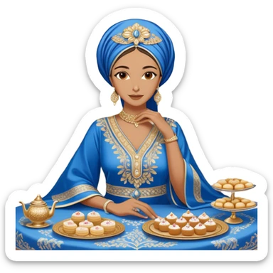 Arabian hospitality and tradition. A woman dressed in an elegant, intricately embroidered blue and gold kaftan sits gracefully at a lavish table filled with traditional sweets like luqaimat, pastries, and cakes, featuring silver tea sets, candles, and luxurious textiles sticker