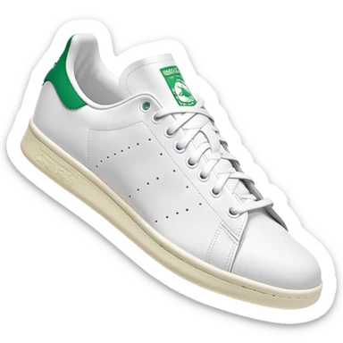 White Adidas Stan Smith shoe with green accents, iconic tennis sneaker, clean design, white with green heel tab, front angle view sticker