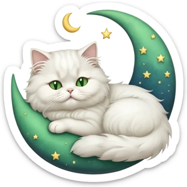 White Persian cat with green eyes sleeping on crescent moon  sticker