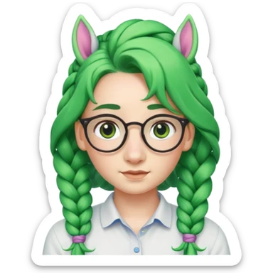 braided unicorn wiith big visible braids looking into the camera spectacled green hair and no ears sticker
