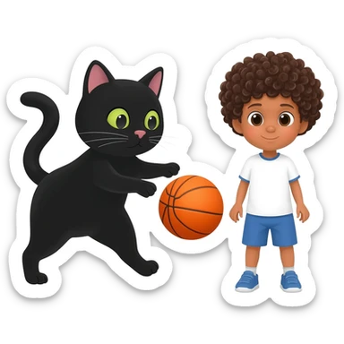 Black cat playing with orange basketball and a little white boy with curly hair sticker