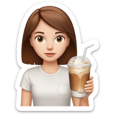 A white girl with brown hair and wearing a white tee holding an ice coffe sticker