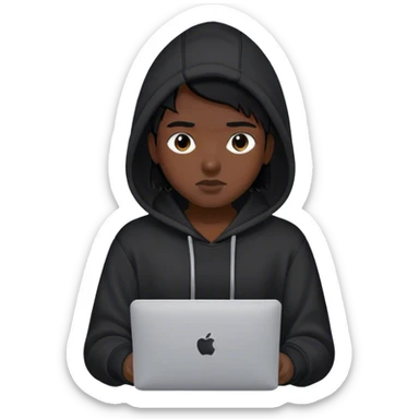 hackeur cheveux noir et capuche noiravec un macbook sticker