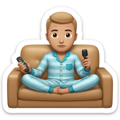 male memoji, lazy man in pajamas, lying on couch, holding TV remote, relaxed bored face, casual home vibe sticker