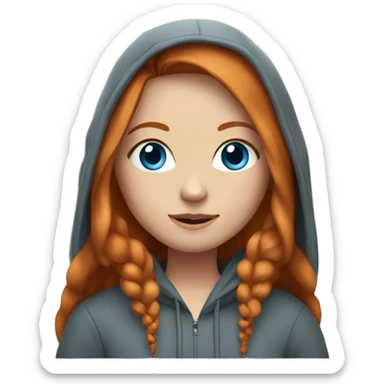 Girl with long ginger hair with a middle part, blue eyes and long eyelashes wearing a hoodie sticker