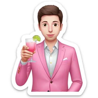 Sam Altman in all pink suit, with one hand holding a pink tequila drink sticker