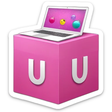 Inside a pink box, the letter "u" is in the middle, and disco ball, laptop, pencil and paint emojis peeking out from around the box. sticker