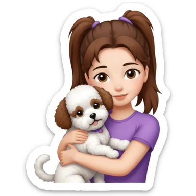A girl with straight hair in a ponytail，hugging one Bichon frise sticker