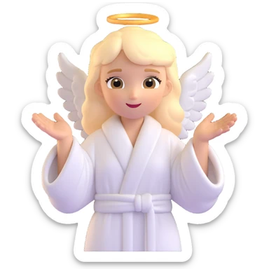 an angel with blond hair, hands raised in a blessing gesture, glowing, serene expression, soft white robe, ethereal atmosphere sticker