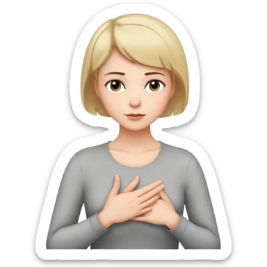 white woman short hair doing eyvallah gesture, head tilted and hand on chest sticker