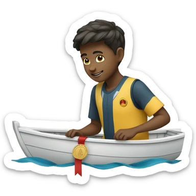boy puts medal on his boat sticker