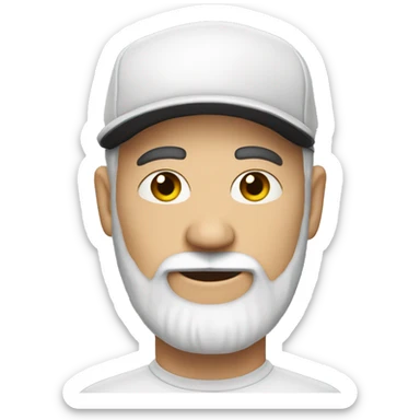Man in his 40s with white cap hat, with long 2 color black and white beard sticker
