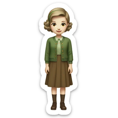 Very young girl with pale skin, straight brown, short hair, a brown 1940s dress with an earthy green cardigan sticker