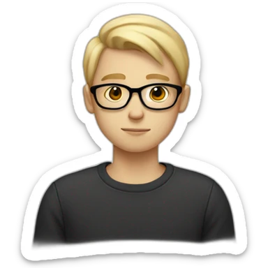 thin white teenager with blond hair.  He is cross-eyed and wears black glasses.  he has a triangular shaped head.  he is also wearing a white sweater.  he has dark eyes and a long face sticker