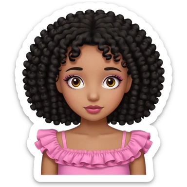 Black girl with black curly hair and a pink ruffle top and brown eyes with pretty eyelashes sticker
