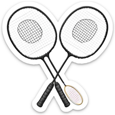 Two crossed badminton rackets with a shuttlecock resting in between, set against the faint outline of a badminton court. The image highlights the tools of the sport, with a subtle emphasis on the court's net and boundaries, symbolizing competition and skill. sticker