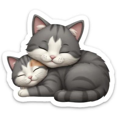 dark grey and white small cat with closed eyes, leaning his head on his paw while leaning on his elbow lying down sticker