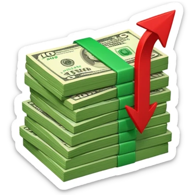 stack of banknotes with a red arrow pointing down sticker