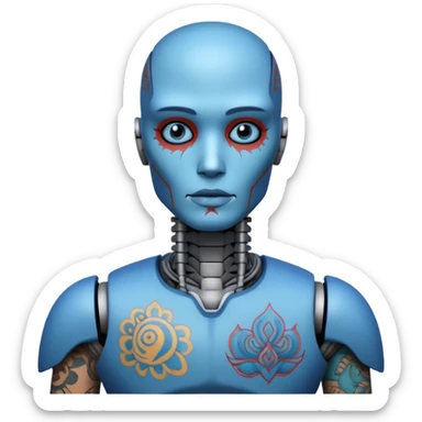 blue Tatooed robot, big many tatooes on chest, neck and face, tatoo on face sticker