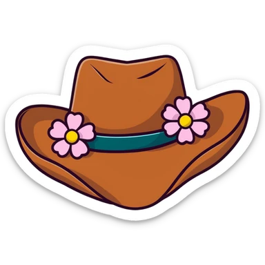 Cowgirl hat with flowers, pink and white flowers decorating a brown cowboy hat sticker
