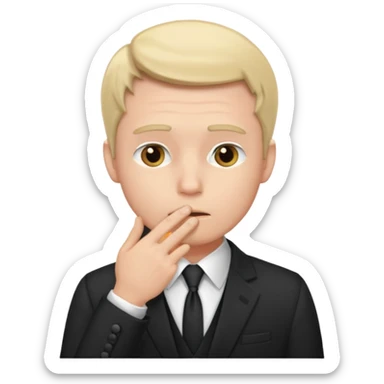 white man in formal suit thinking hard, hand to mouth sticker