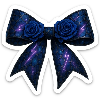 Remove the silver crescent moon from the gothic bow with fractured deep blue glass, midnight blue roses, iridescent holographic stardust, neon lightning bolts, and a wet, shiny finish. Keep the background transparent. sticker