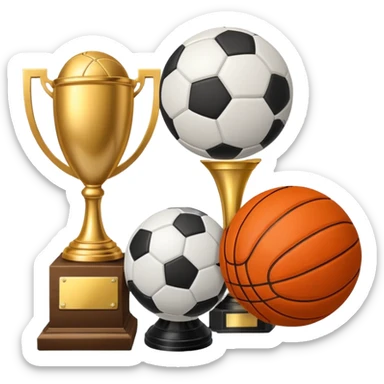 a basketball, soccer ball, volleyball, and a football all mixed with a trophy sticker