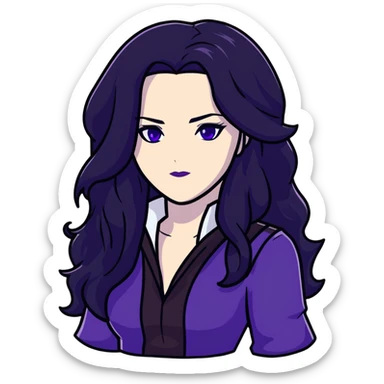 Yennefer from Witcher with long black hair, violet eyes, pale skin, wearing black clothes sticker